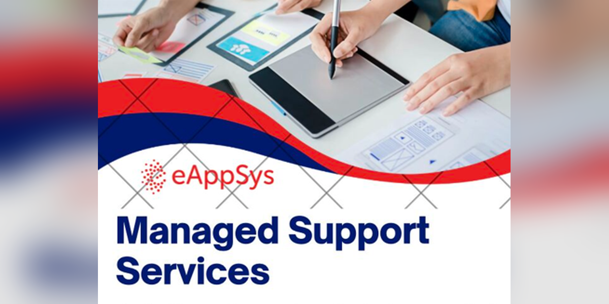 eAppSys Managed Support Services for Oracle Fusion and EBS, team reviewing app designs on a tablet