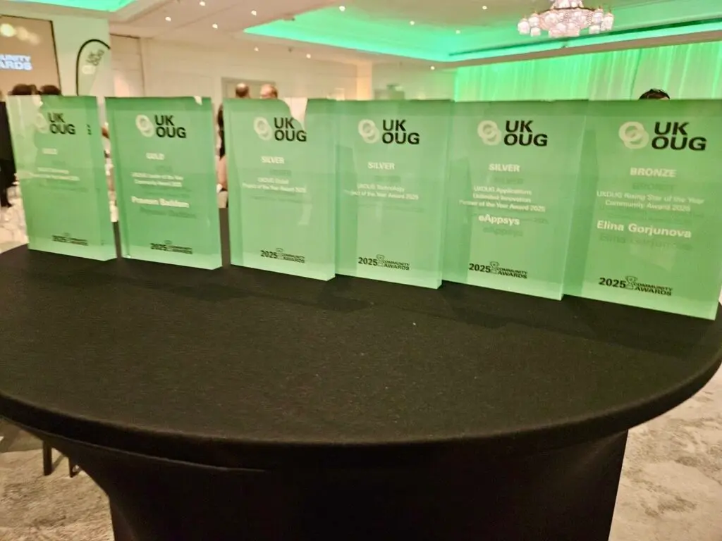 eAppSys UKOUG Community Awards 2025 trophies